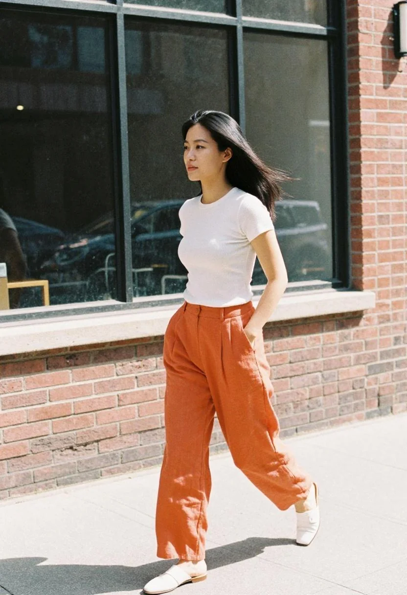 Tangerine linen wide-leg trousers with ribbed top for test day
