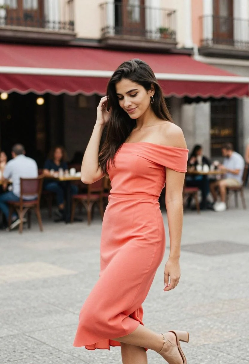 Coral chiffon co-ord set with off-shoulder top and midi skirt for Madrid plaza graduation celebration