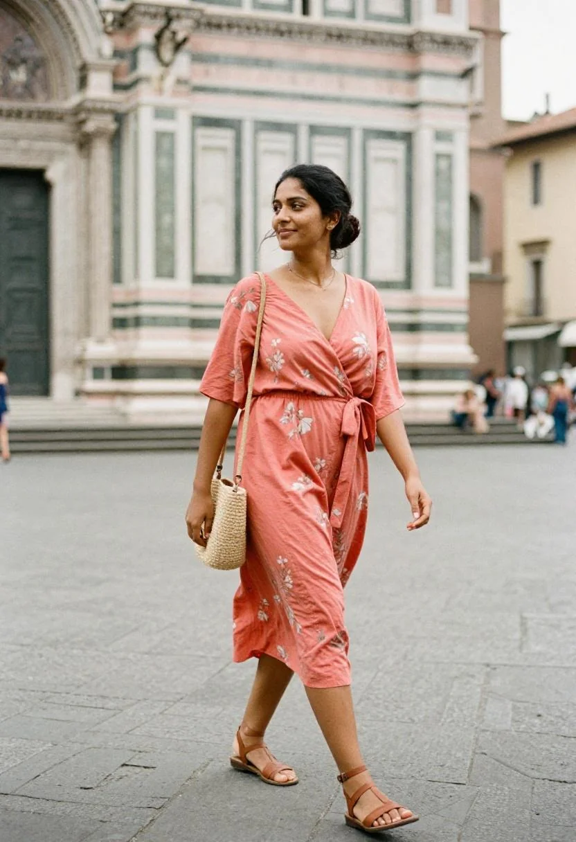Coral flowy rayon wrap dress for warm Maui sightseeing and outdoor exploring