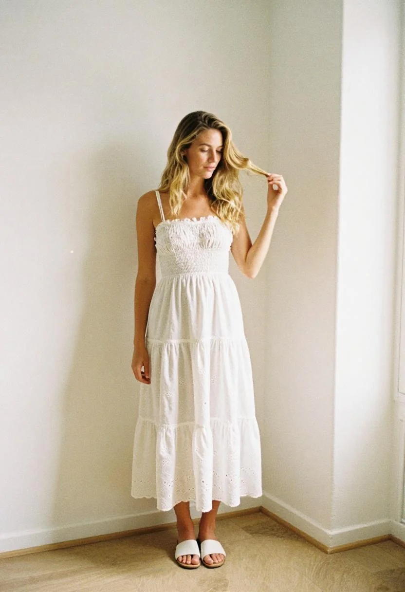 White broderie anglaise sundress with smocked bodice for young mothers exploring the Amalfi Coast