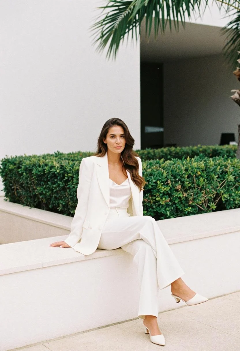 All-white blazer and trouser set for a modern graduation day look