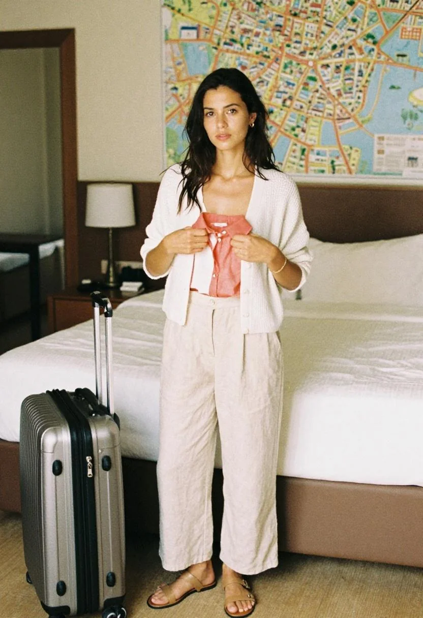 Coral linen shirt laid out as part of a Madrid travel capsule wardrobe in a hotel room