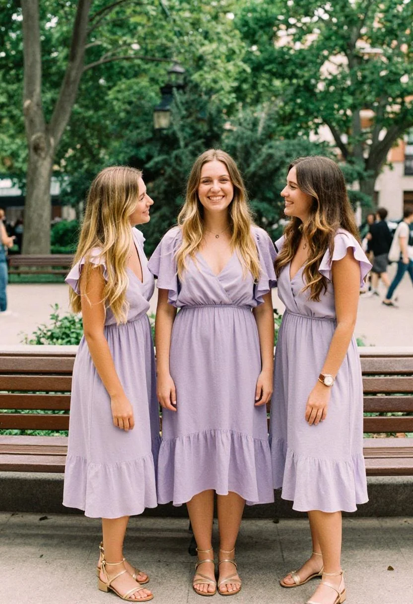 Lavender flutter-sleeve midi dress at a graduation celebration with friends in Madrid