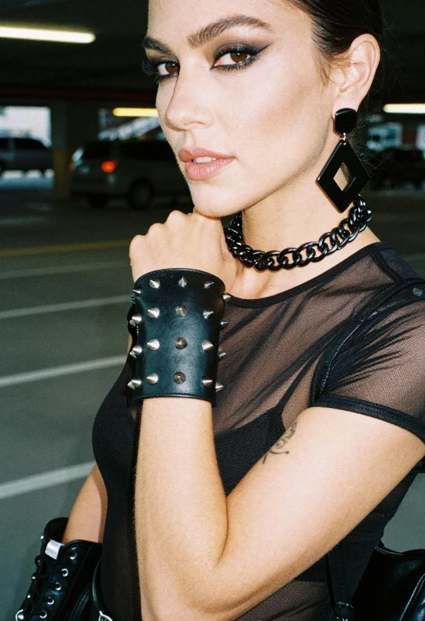 Black leather and chain accessories fierce rock finishing look for AC/DC Power Up Tour Bank of America Stadium