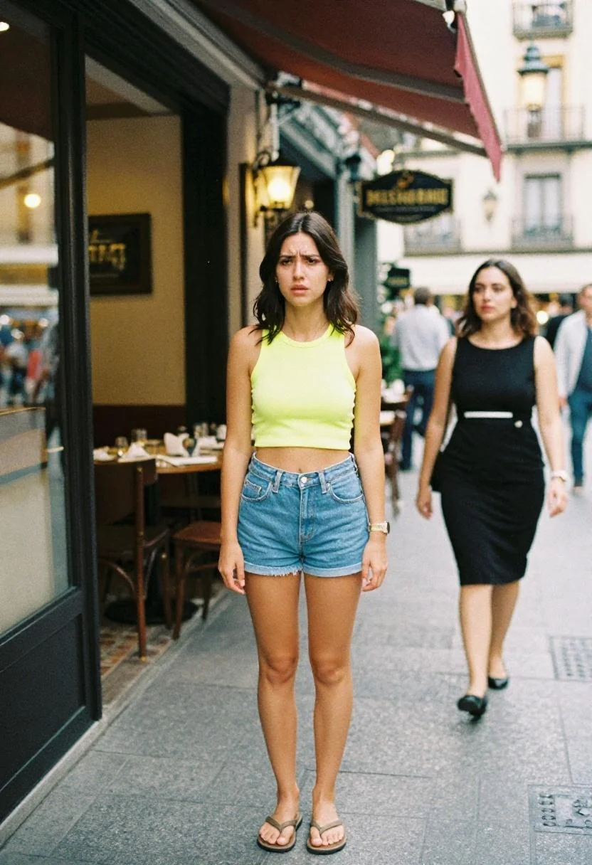 Neon crop top, micro shorts, and flip-flops — exactly what not to wear for a 9pm Madrid dinner