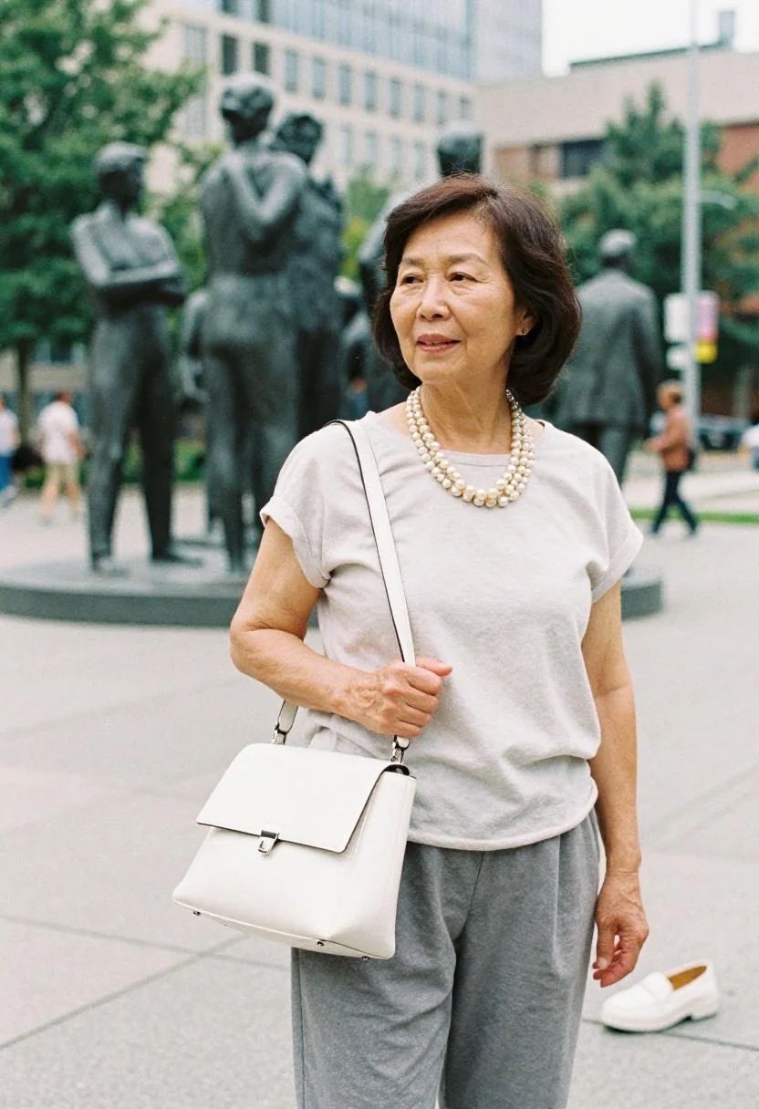 White patent bag, pearl necklace, and platform loafers as polished World Cup game day accessories in Seattle