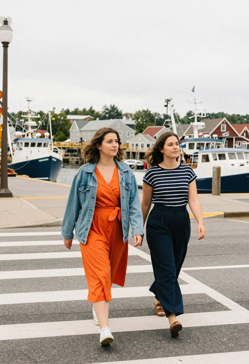 Woman in tangerine orange wrap dress and denim jacket crossing Portland waterfront streets with a friend