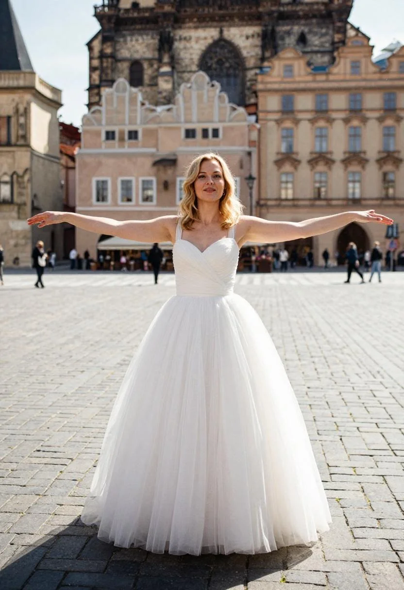 Woman in white ball gown posing with arms wide open in Prague's Old Town Square