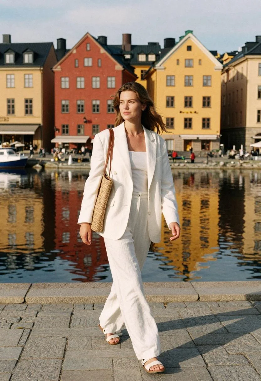 White linen co-ord set worn at Stockholm harbor promenade in afternoon sun