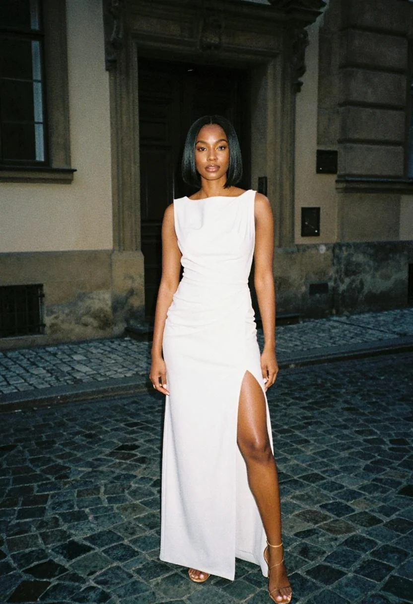 White structured gown worn at a Prague building entrance, channeling prom queen drama with architectural precision