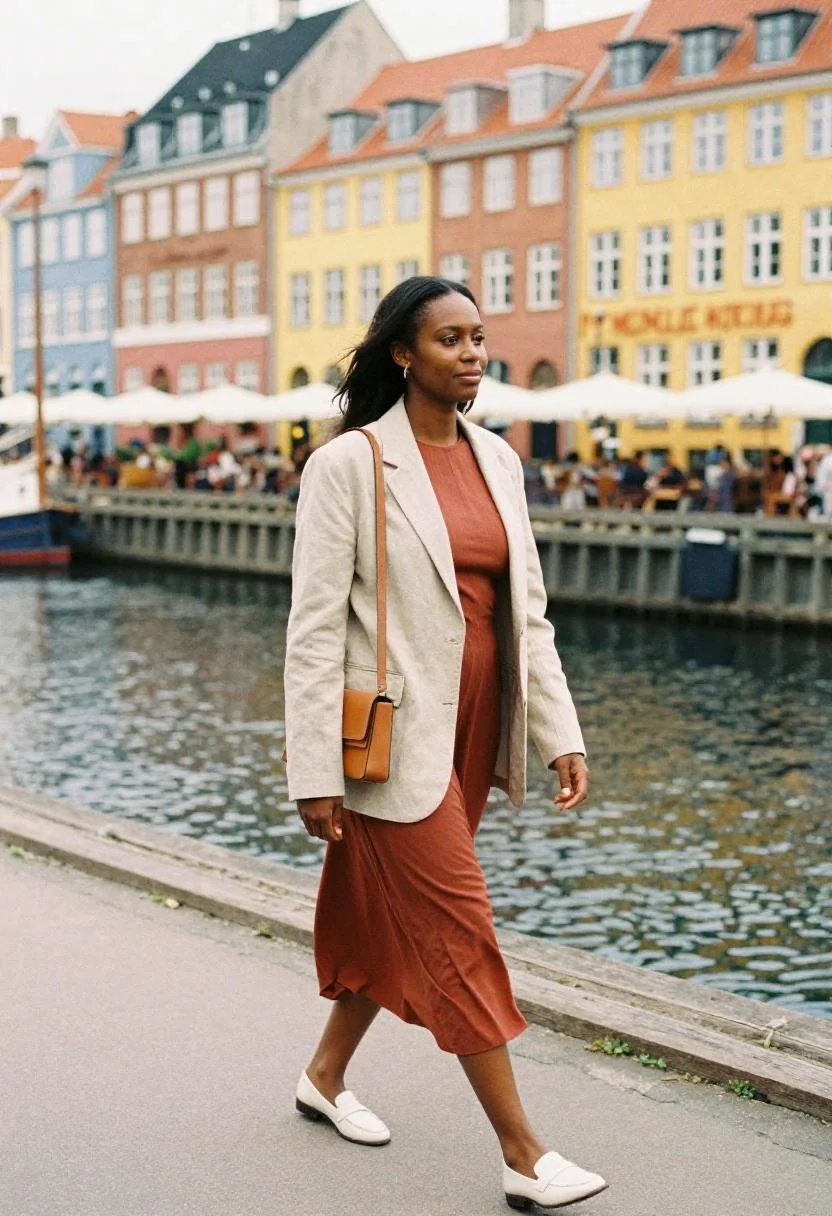 Terracotta jersey midi dress with cropped blazer for walking along Nyhavn canal in Copenhagen