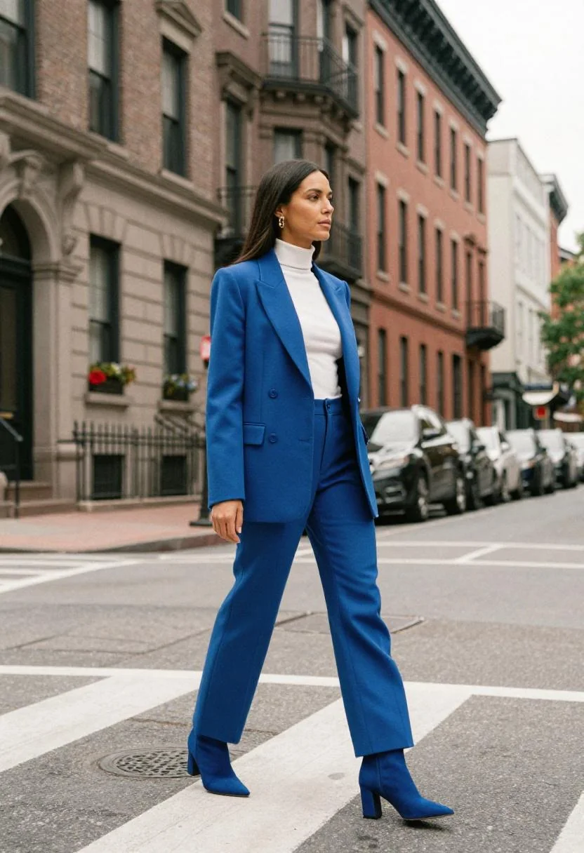 Cobalt blue blazer and wide-leg trouser set against Boston's ornate historic architecture