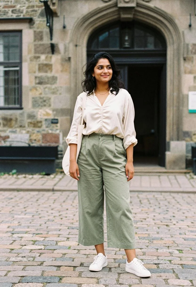 Sage wide-leg trousers and silk blouse for exploring Rosenborg Castle in Copenhagen