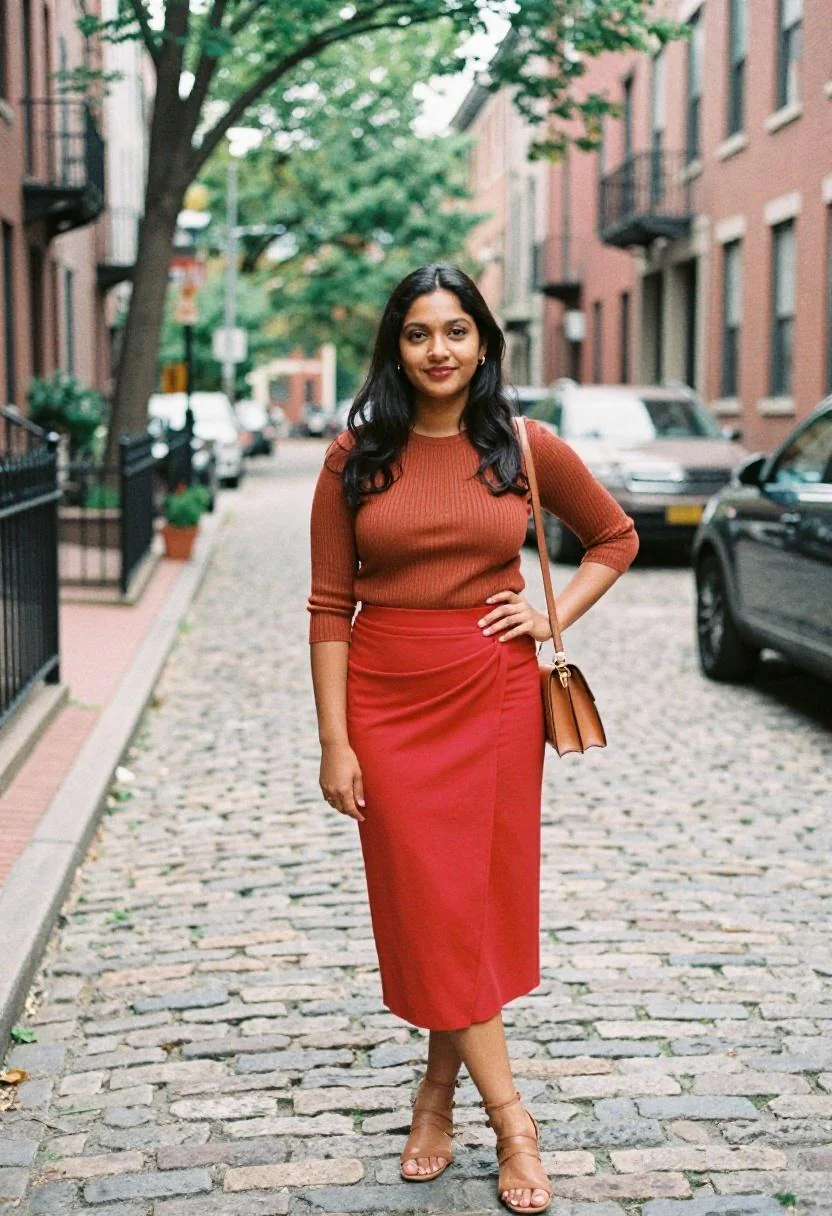 Crimson wrap skirt and warm-toned knit top on Boston's South End cobblestone streets