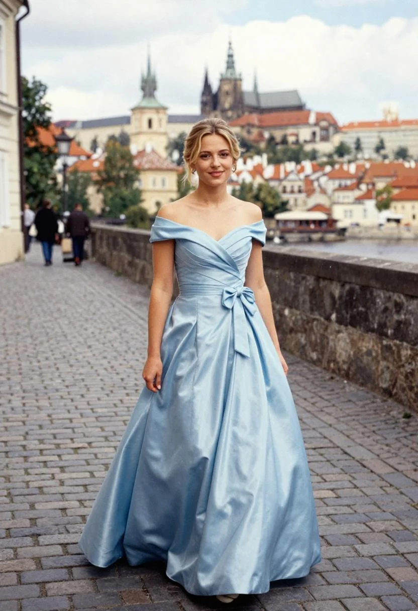 Woman in light blue satin prom gown on Prague's riverside cobblestone streets with the Vltava River in the background
