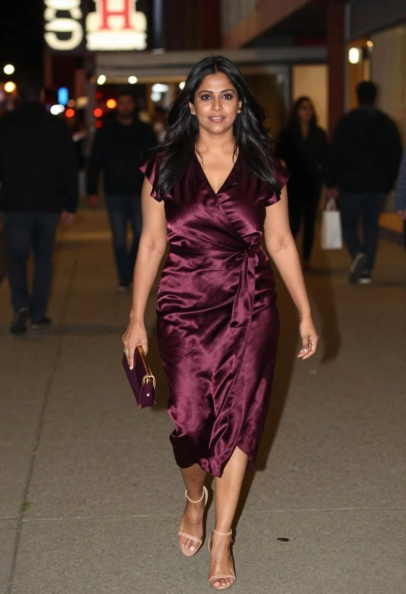 Deep plum satin wrap dress for R&B concert at MetLife Stadium
