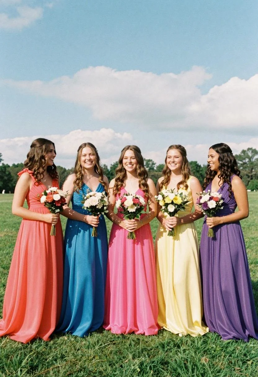 Five friends in vivid prom gowns holding floral bouquets on a sunlit lawn