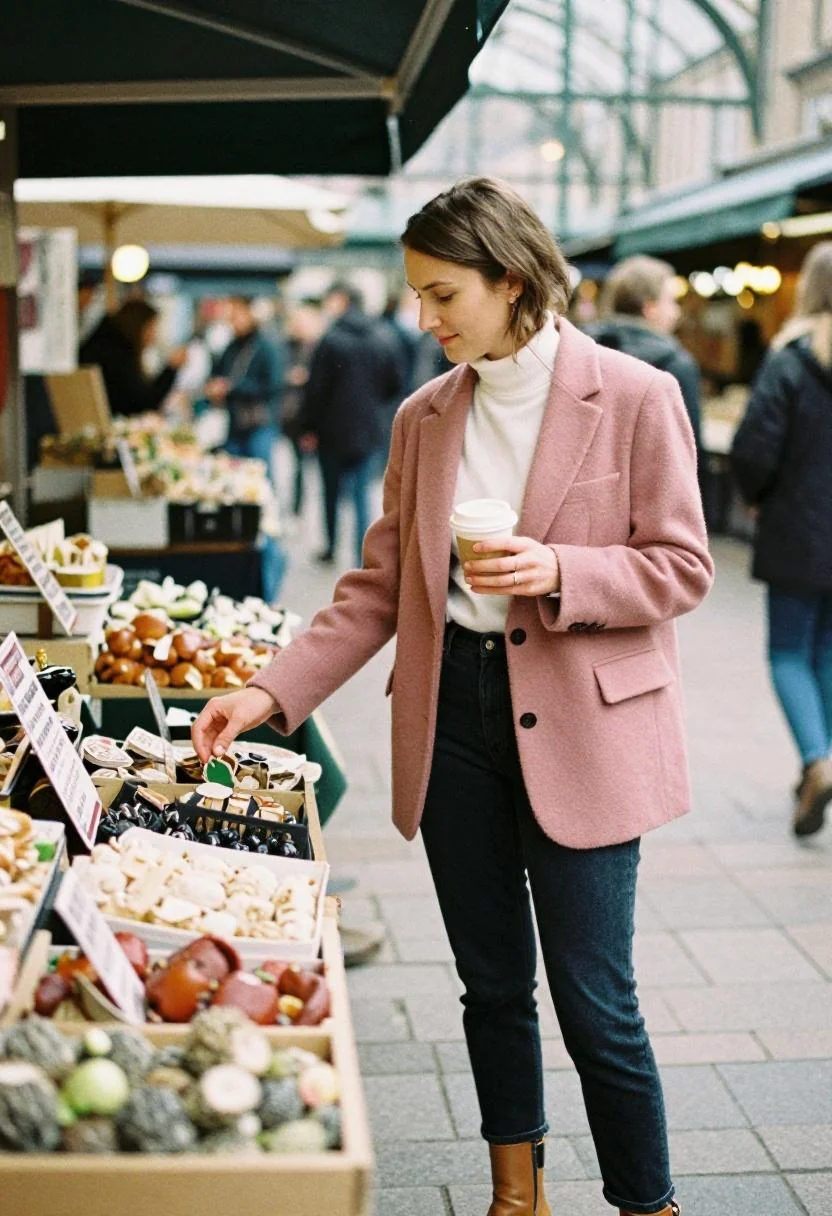 Dusty rose wool blazer and denim for Copenhagen's Torvehallerne food market
