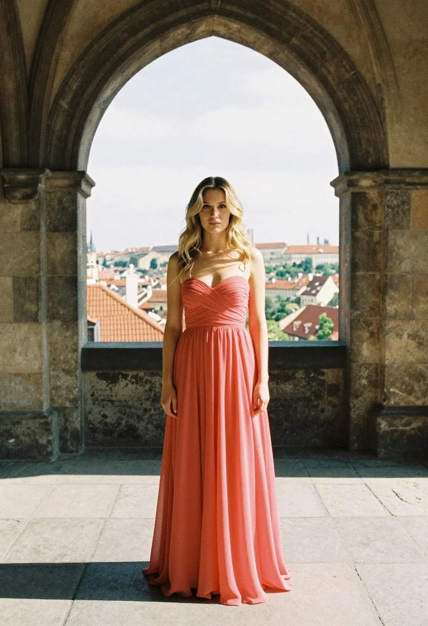 Woman in coral ball gown framed by a Prague Castle archway in a regal solo portrait