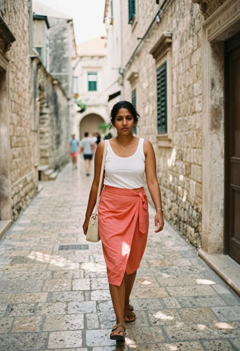 Coral wrap skirt and white tank top for wandering Dubrovnik's stone alleyways