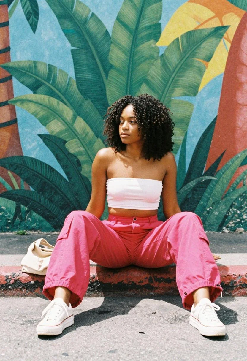 Woman in magenta wide-leg pants and cropped white top with tropical street vibes for concert