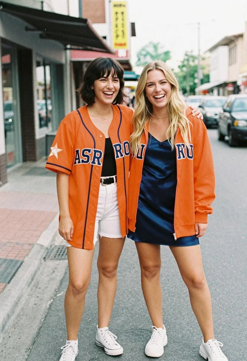 Two women in coordinated Astros orange and navy outfits sharing a joyful street style moment