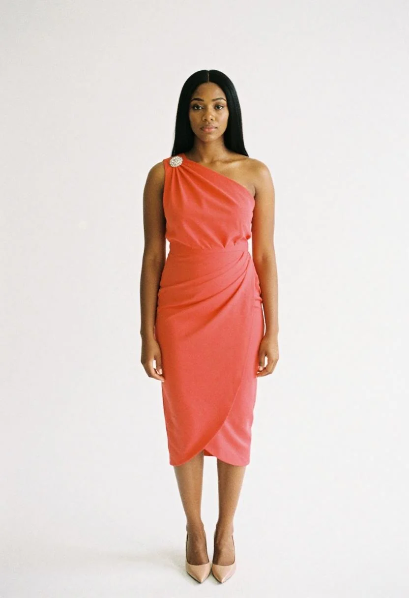 Vivid coral asymmetric gown photographed against a clean studio backdrop, giving prom queen styling a fashion-editorial edge