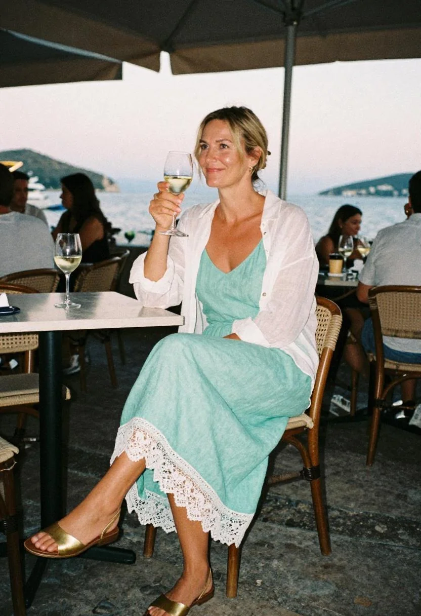 Mint linen slip dress with sheer overlay for elegant dinner overlooking Dubrovnik harbor