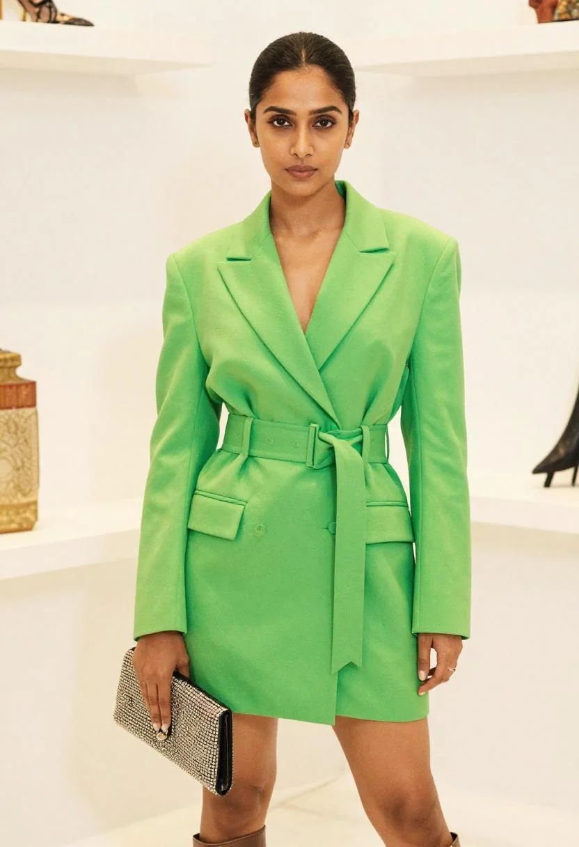 Electric lime green oversized blazer dress belted at the waist — 2010s statement silhouette dominating feeds again