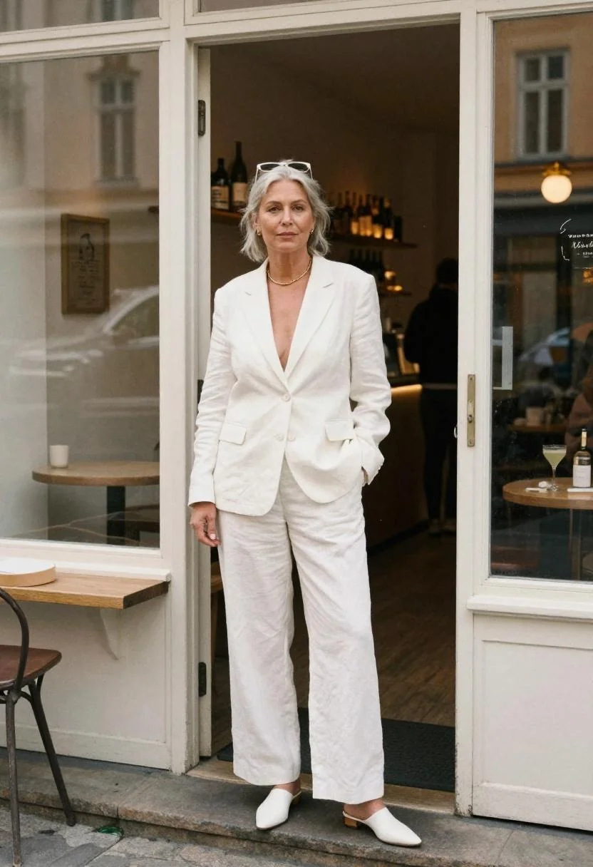 Soft white linen trouser suit for a night out in Copenhagen's Vesterbro district