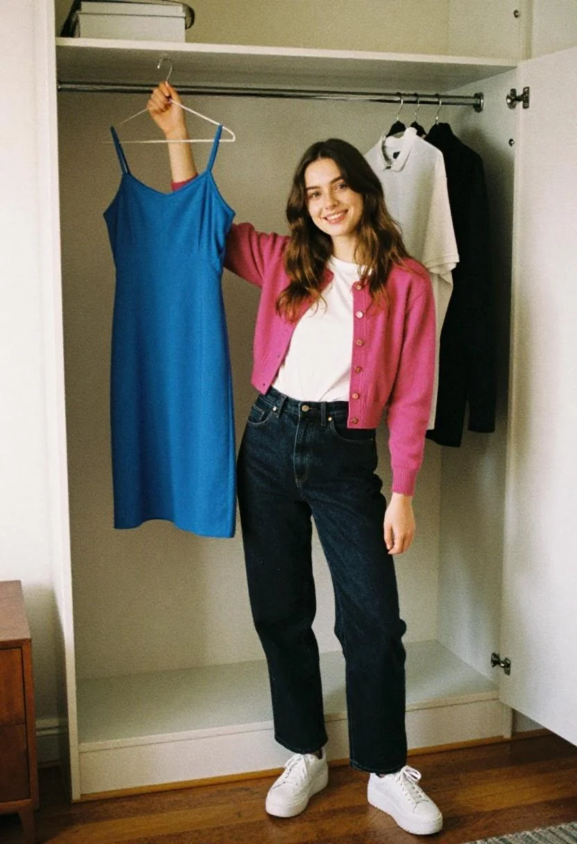 Holding up a cobalt slip dress while wearing a magenta cardigan and mom jeans — 2010s internet fashion energy