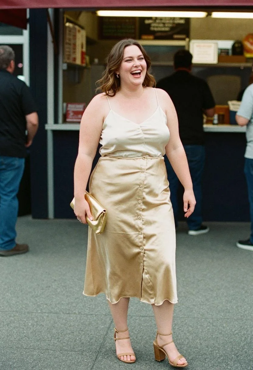 Gold satin midi skirt with ivory cami for The R&B Tour at MetLife Stadium