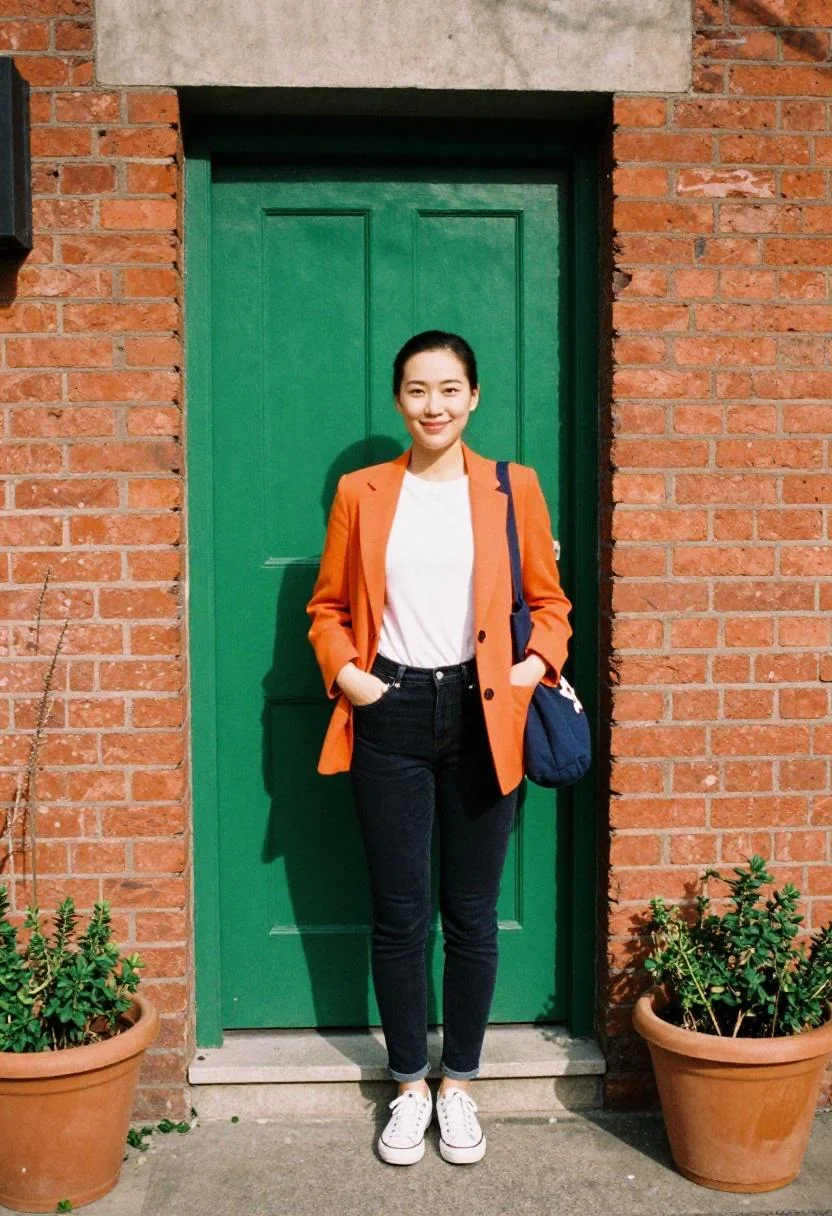 Woman in tangerine blazer and slim jeans for a polished Astros game day outfit
