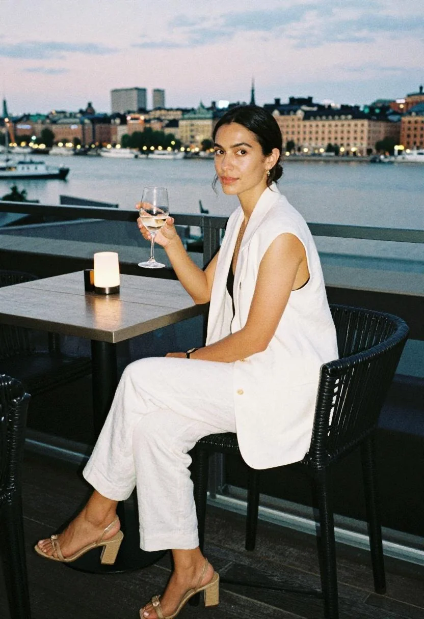 Crisp white linen blazer and tailored trousers for an evening at Gondolen rooftop bar with Stockholm views