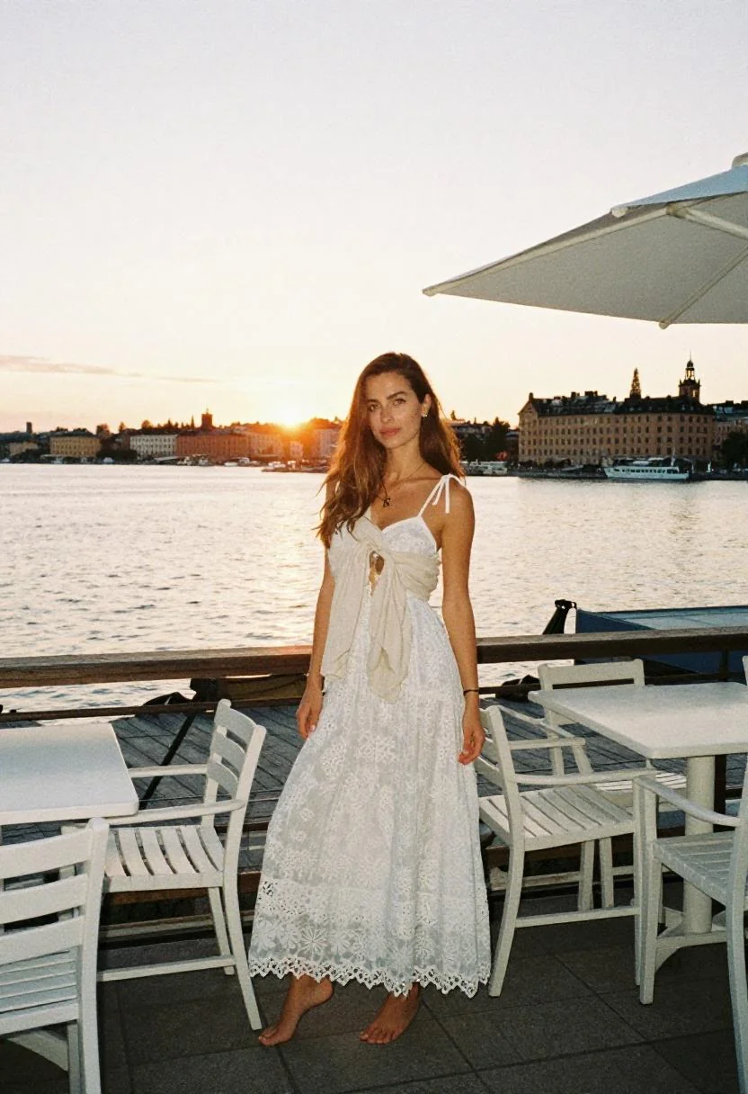 Romantic white maxi dress glowing in sunset light on Stockholm waterfront terrace