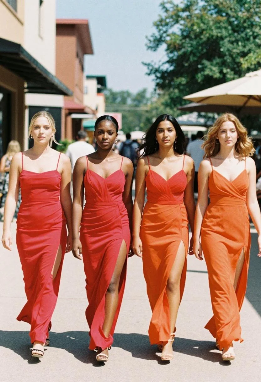 Squad of four walking in unison in vibrant coordinated chiffon prom gowns
