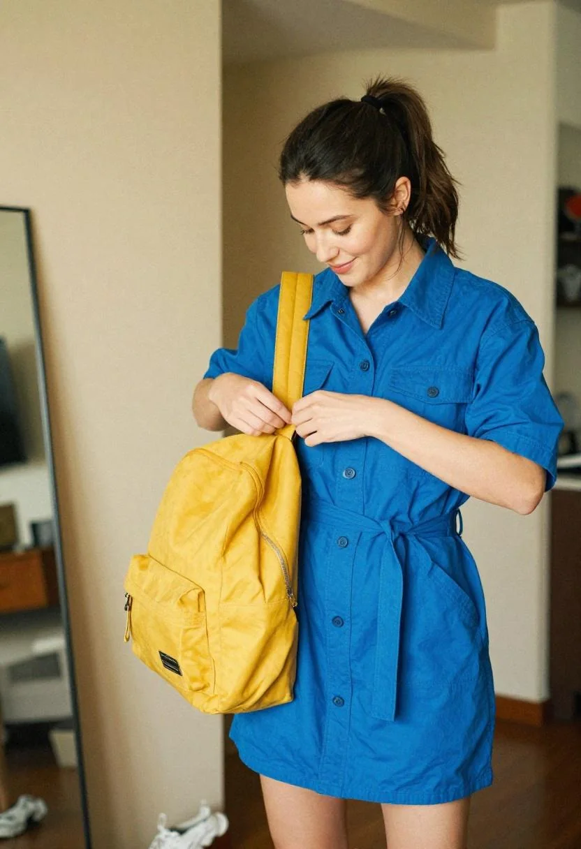 Mustard mini backpack with cobalt utility shirtdress — 2010s iconic bag combination making a comeback