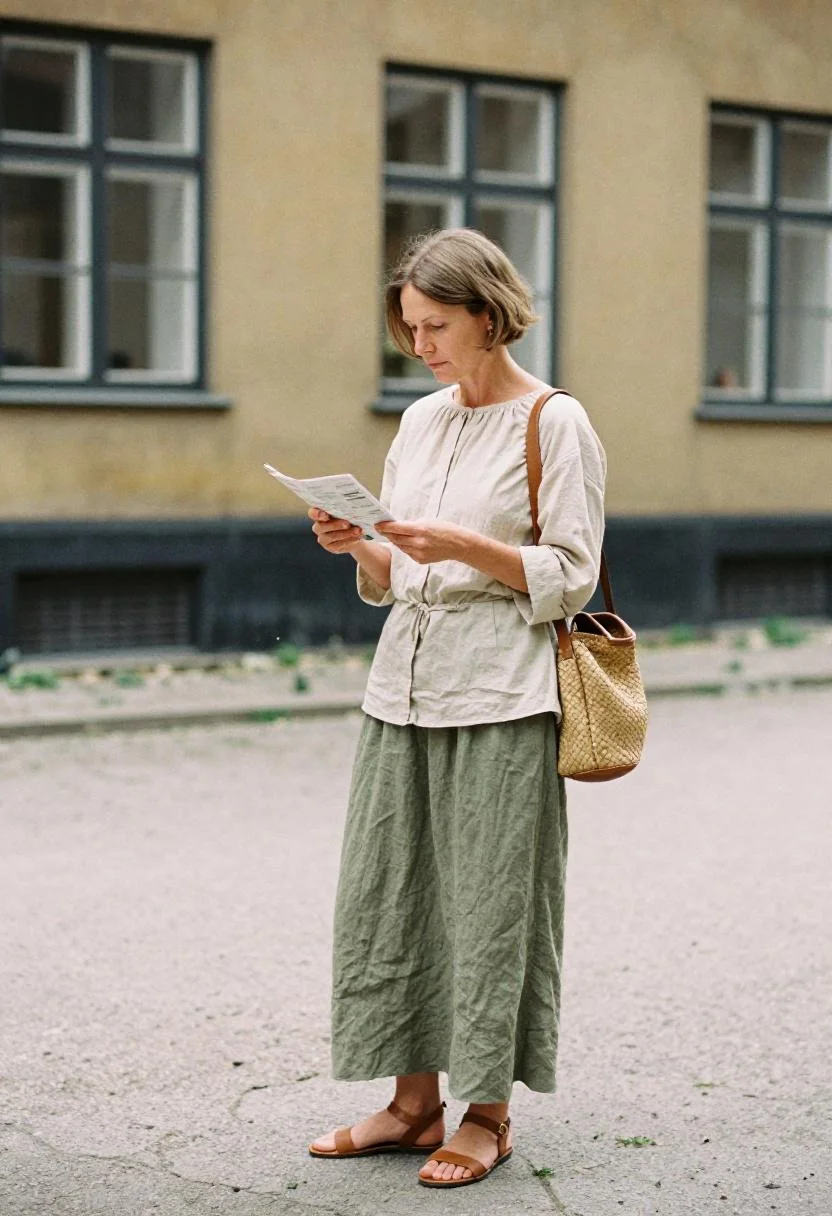 Sage linen maxi skirt and modest blouse for an afternoon at Copenhagen's National Museum
