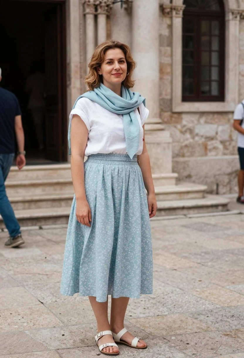 Light blue cotton midi skirt with linen blouse and scarf for visiting Dubrovnik's Orthodox church