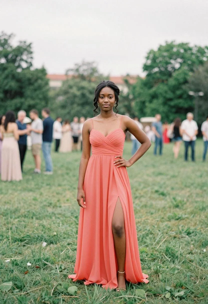 Woman in coral chiffon prom gown outdoors with a relaxed hand gesture and natural expression