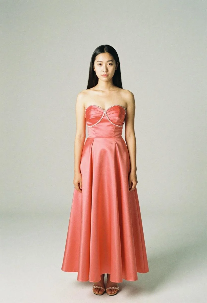 Coral satin ball gown with rhinestone bodice detailing photographed in a clean studio setting for prom queen elegance
