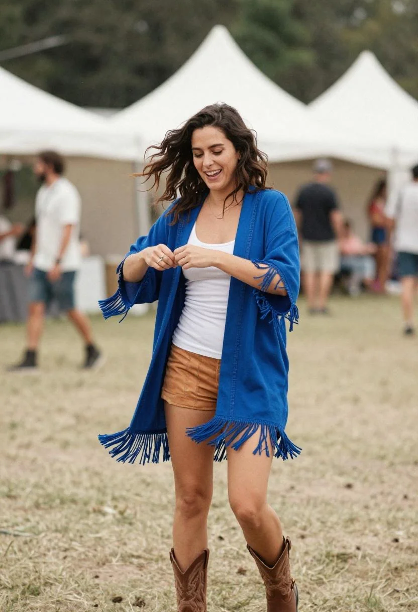 Woman in cobalt fringed kimono over white tank top and suede shorts as free-spirited concert look