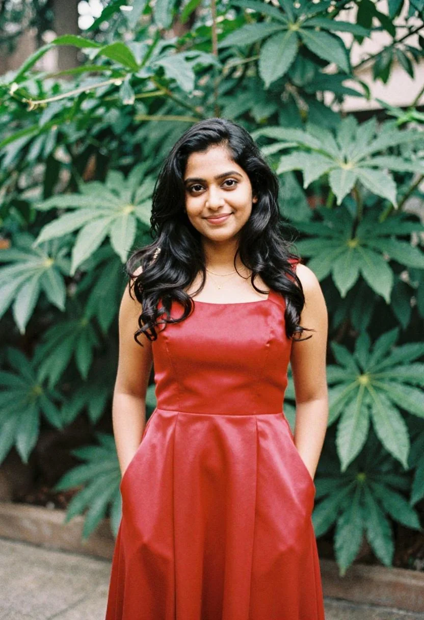 Crimson satin midi dress with pockets for prom group photos