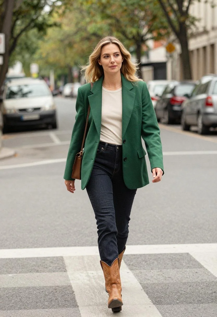 Woman in forest-green western blazer over slim dark denim and cowboy ankle boots in polished street style
