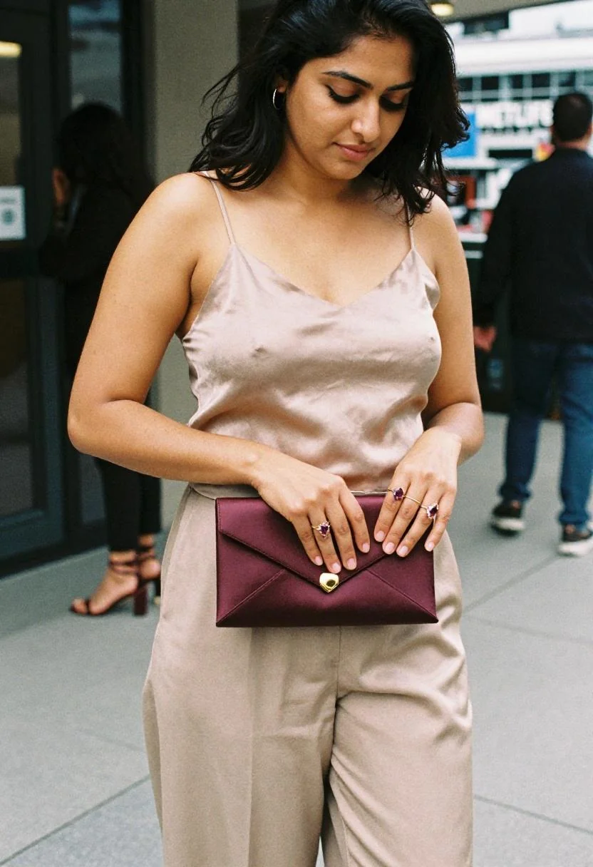 Deep plum satin clutch, heeled sandals, and stacked amethyst rings for The R&B Tour