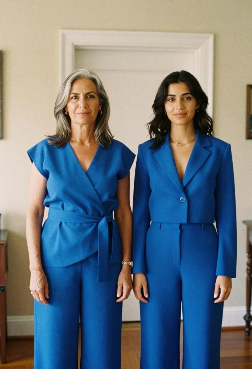 Mom and adult daughter in coordinated cobalt blue outfits, polished and confident
