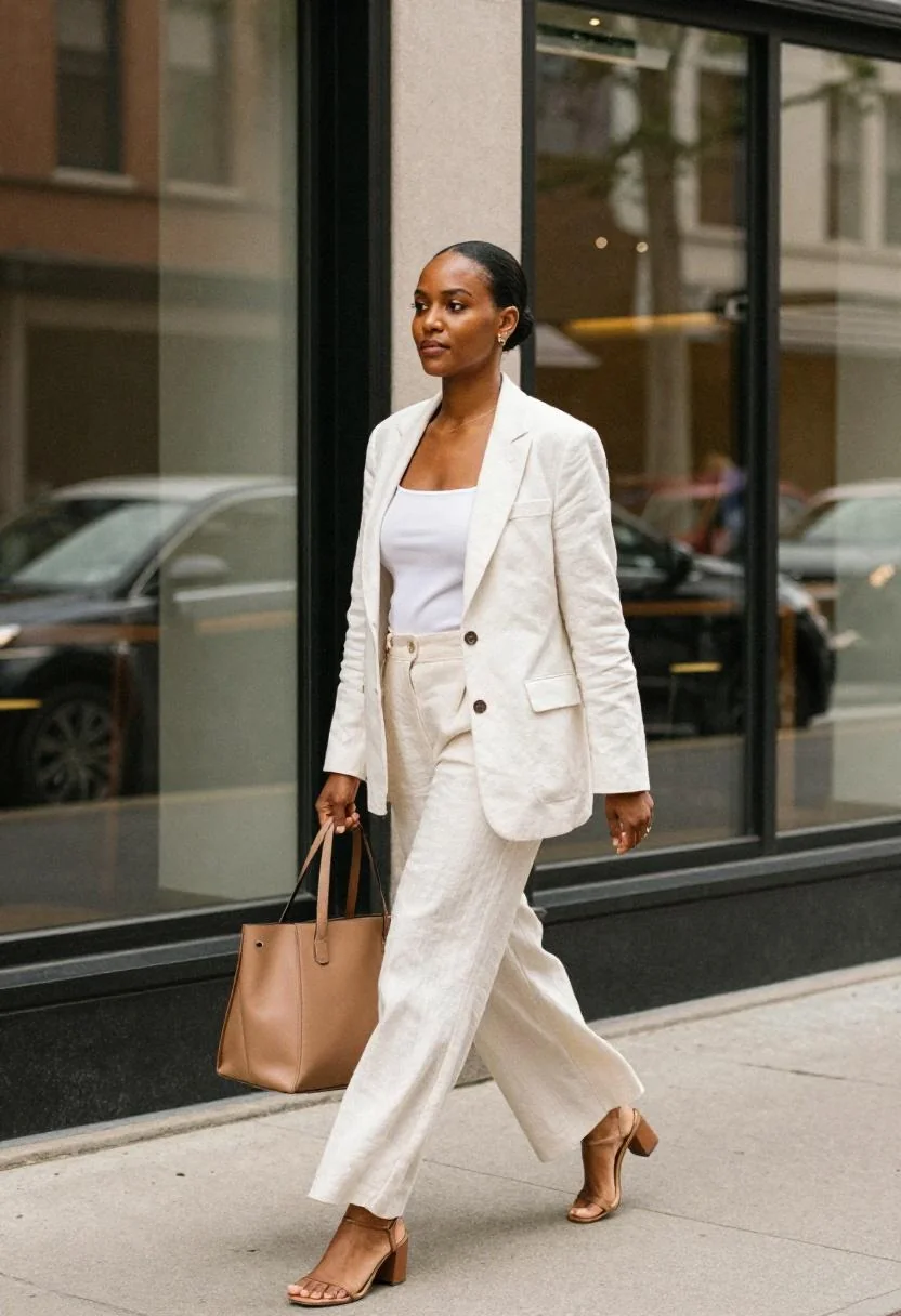 White linen blazer with wide-leg trousers for Charlotte Uptown office