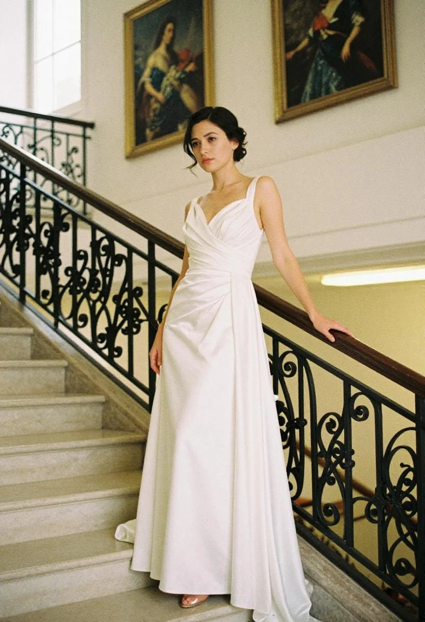 Floor-length white satin gown with structured bodice on an elegant staircase