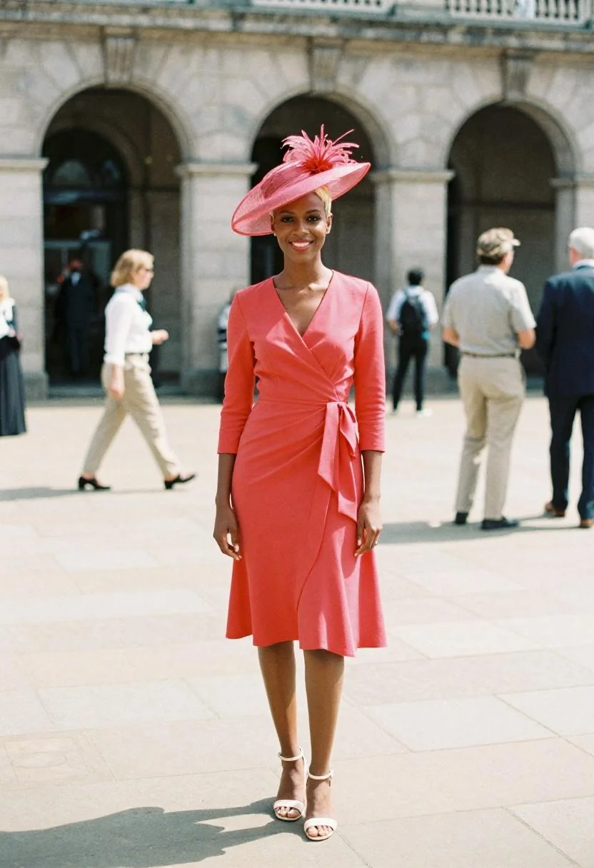 Woman in coral-red midi wrap dress and statement fascinator at an open plaza for the Kentucky Derby