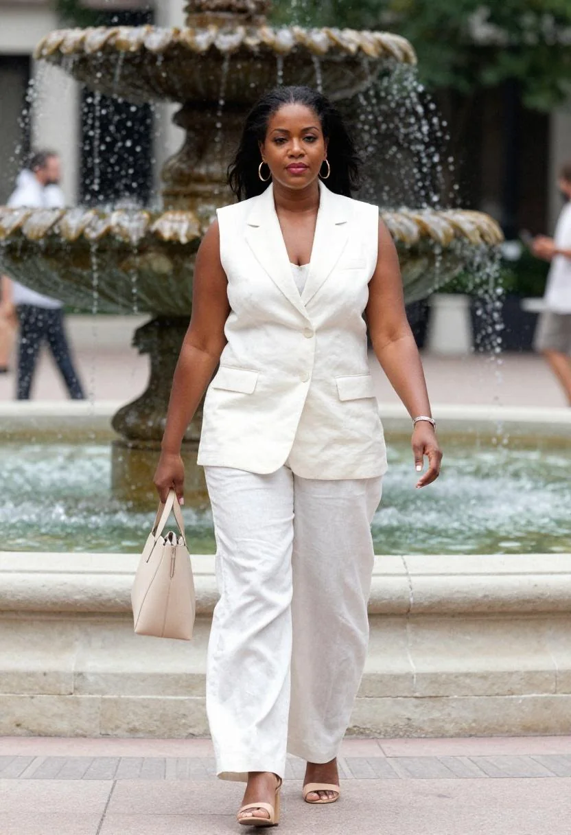 White linen trouser suit for a professional day meeting on the Country Club Plaza